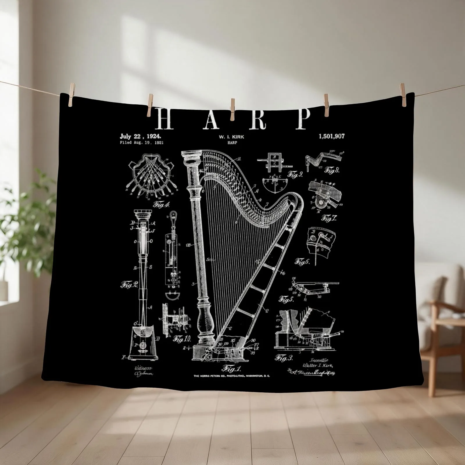 Harp Vintage Patent Harpist Drawing Print Throw Blanket christmas gifts Nap Decorative Throw Summer Blankets