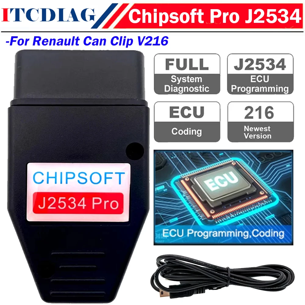

Диагностический кабель Chipsoft Pro для Renault Can Clip V216 VCI, OBD 2 Автомобильный диагностический инструмент J2534, программируемый ECU код, чтение чистого TPMS