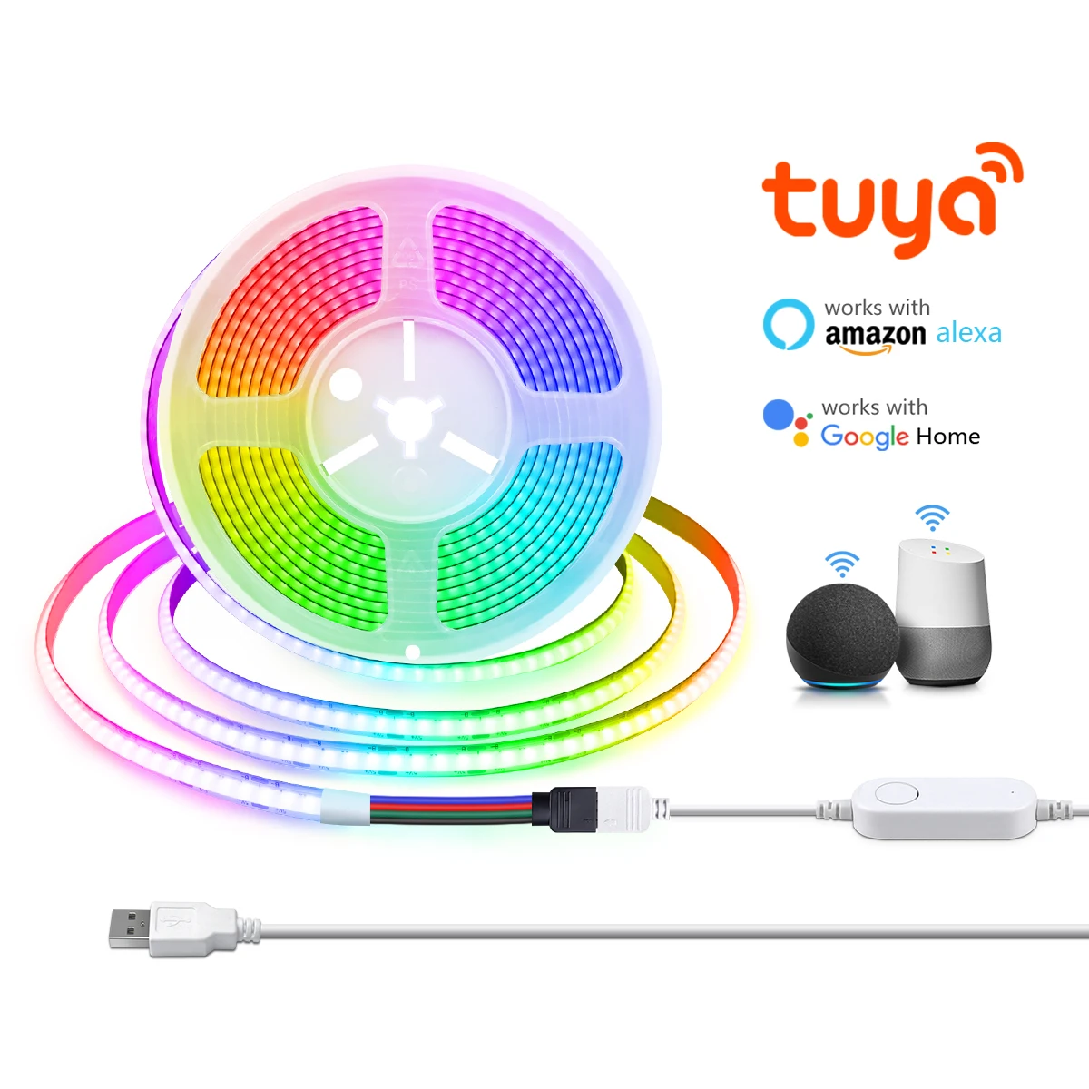 Tuya WiFi COB RGB LED Strip Light 576LEDs/M LED Tape Ribbon TV BackLight Kitchen Cabinet Smart Lamp With 5V Dimmable USB Dimmer