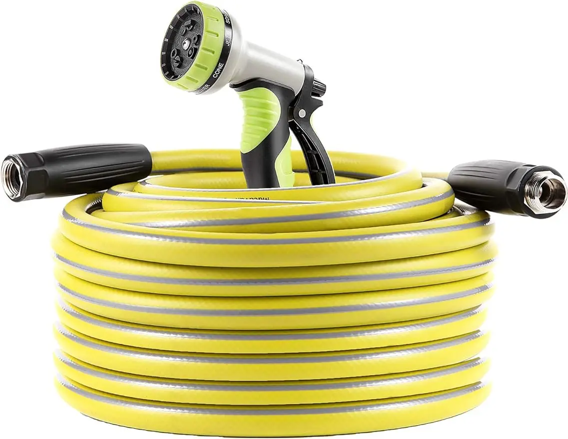 

Garden Hose 100 ft Heavy Duty-Water Hose with 9 Way Spray Nozzle and Flexible 4 Layers Hybrid-3/4’’ Nickel Plated Brass Fittings