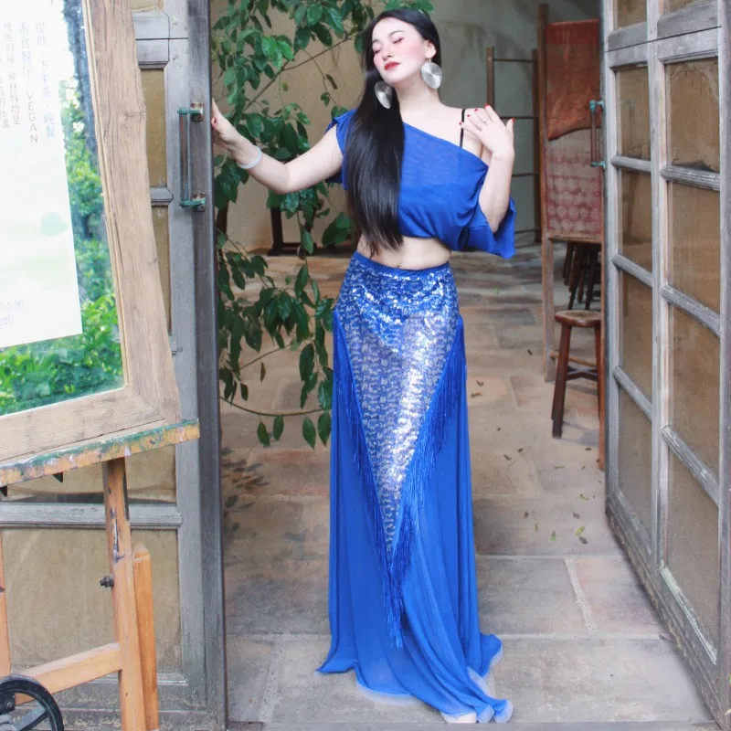 

Customized Belly Dance Costumes Blue Performance Set Sexy Temperament Class Dress Large Size Exotic Dancewear Cheap Clothes Suit