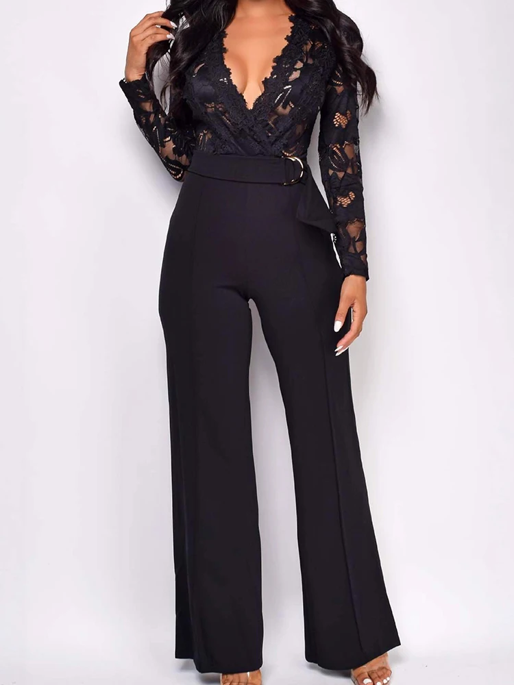 

Lace Embroidery V-neck Women's Sexy Jumpsuit Simple Solid Color Long Sleeved Casual Playsuit 2026 Chic High Street Tight Romper