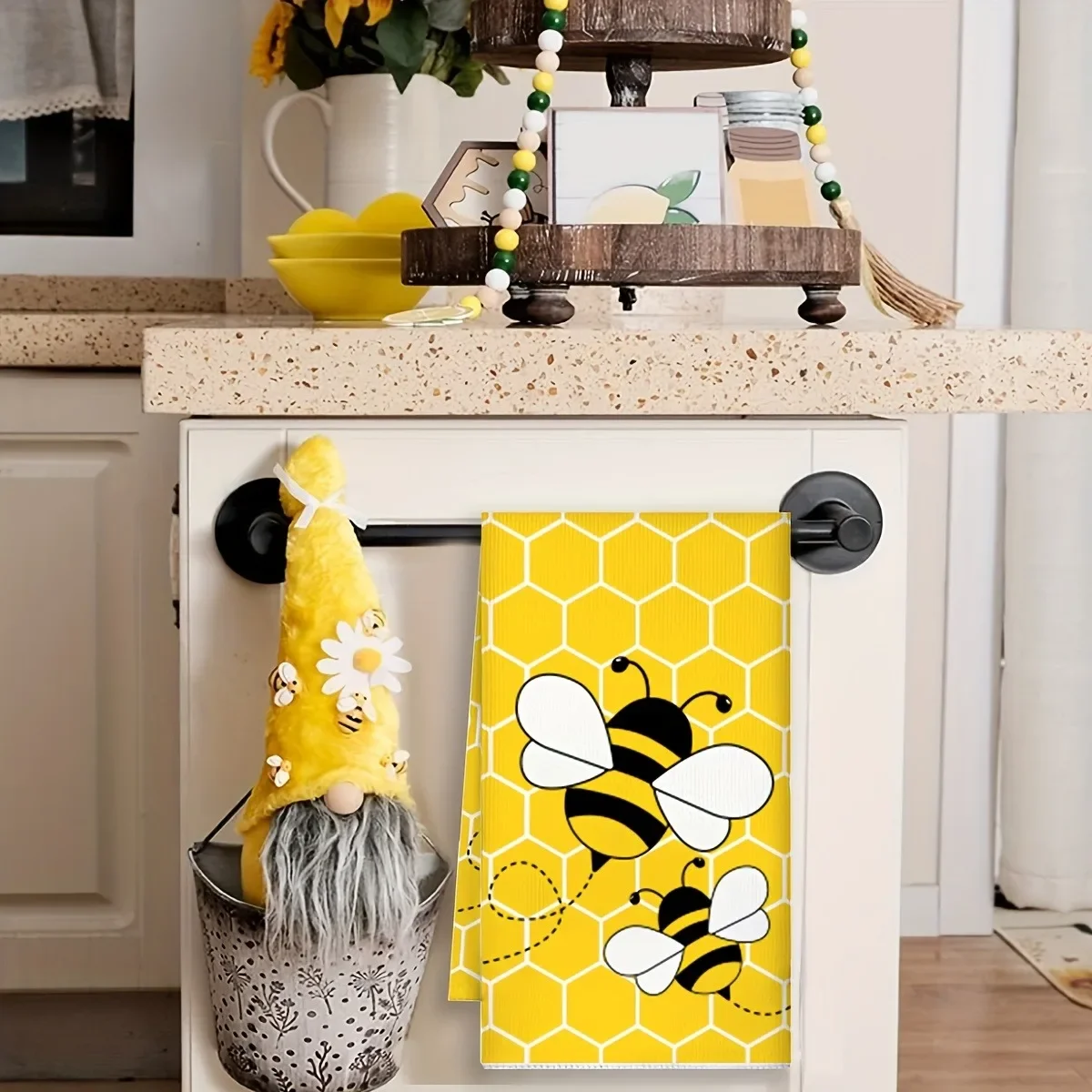 2pcs Kitchen Towel Multiple Sizes 2D Print Yellow Bee Sunflower Cartoon Dwarf Grid Soft Absorbent Dish Tea Gift