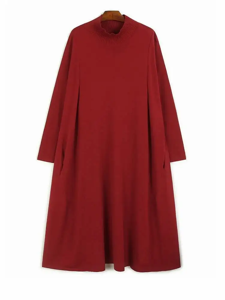 

Женское красное элегантное вязаное платье большого размера, новая водолазка с длинным рукавом, модная весна-осень