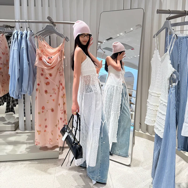 ลูกไม้Patchwork Camisชุดผู้หญิงY2K Holiday Beachชุดยาวแขนกุดเกาหลีแฟชั่นHarajukuเซ็กซี่สีขาวLace Up Vestidos