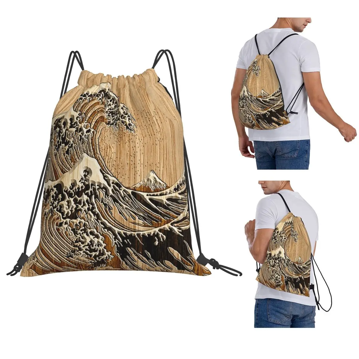 The Great Hokusai Wave In Bamboo Inlay Style Backpacks Fashion Drawstring Bags Sundries Bag Book Bags for Travel School