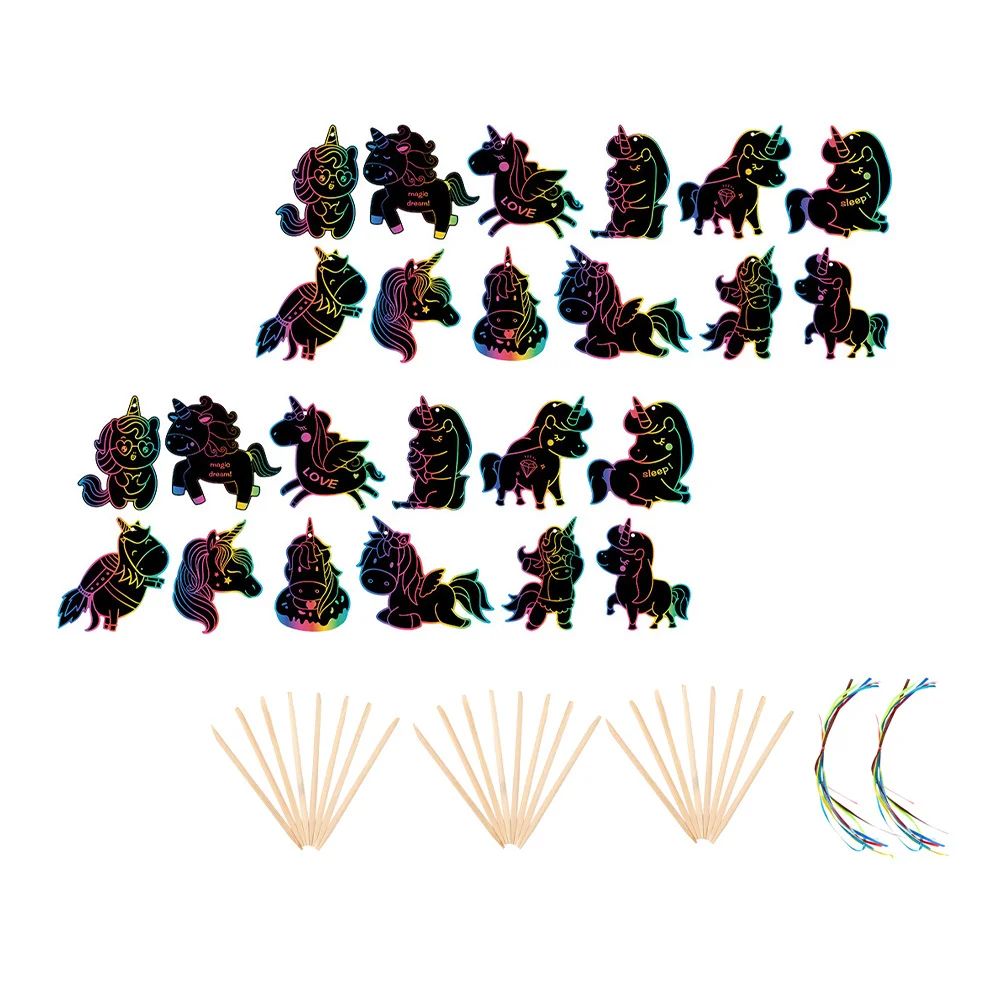 

2Sets Unicorn Scratch Painting Paper Cards Kit Cartoon Drawing Ribbon Kids DIY Craft Gift