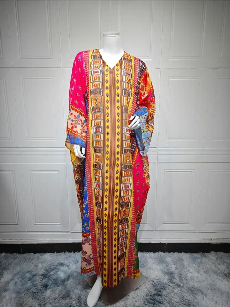 

New Dubai Floral Print Loose Abaya Diamonds Stamping Dress Long Modest Dresses Women 2025