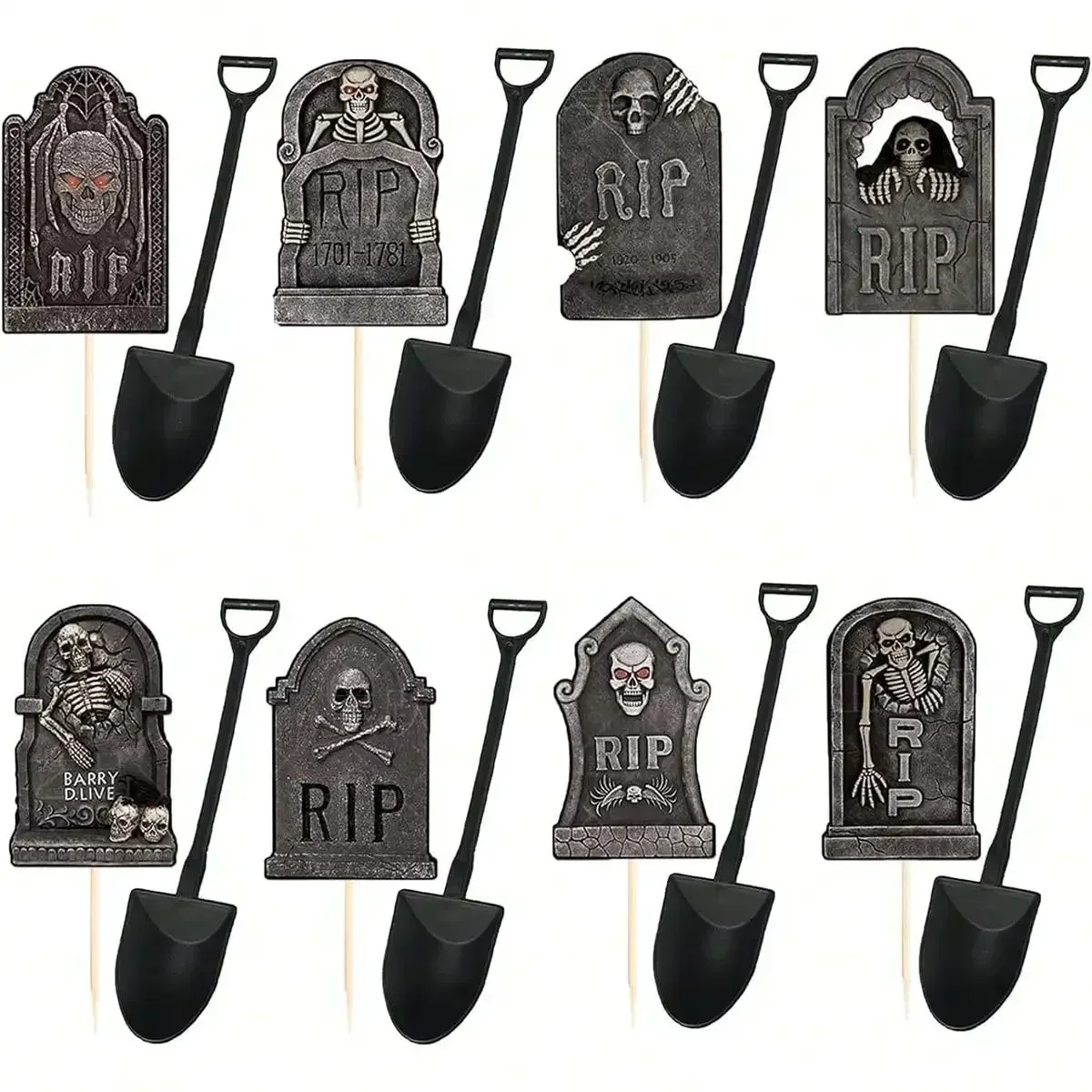 Multi Stück Halloween Cupcake Topper Kuchen Dekorationen Grabsteine Friedhof Cupcake Topper mit neuartigen Mini Schaufel Löffel – Detail 1