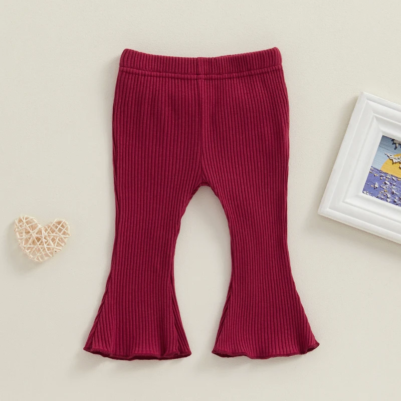 Pantalones acampanados acanalados para niña pequeña, pantalones acampanados de Color sólido con lazo, mallas anchas, pantalones de otoño con cintura elástica