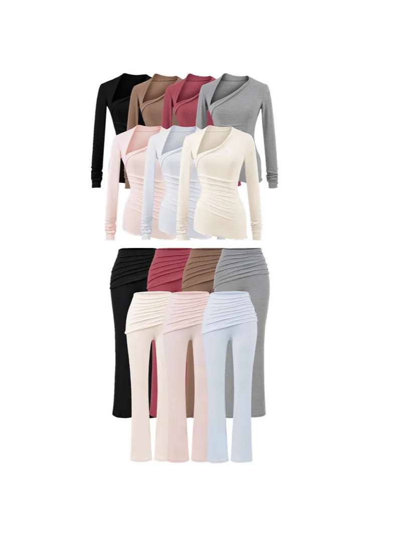 

Комплект из асимметричной облегающей футболки с косым вырезом и брюк-клеш с укороченным низом, повседневный комплект из двух предметов, удобный домашний костюм для женщин