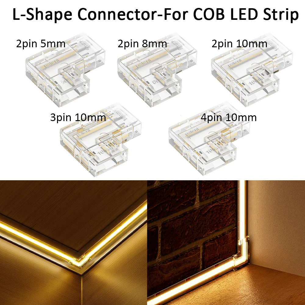 5PCS L-Shape COB LED Strip Connector Seamless 2/3/4pin 8/10mm Corner Connectors for CCT RGB COB IP20 LED Strip Lights 90 Degree