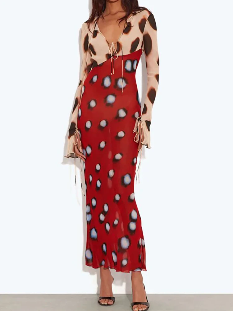 Women's Long Flare Sleeve Maxi Dress See through Chic V Neck Lace-Up Party Dress Spring Summer Holiday Print Ladies Dress 2026 - view 5