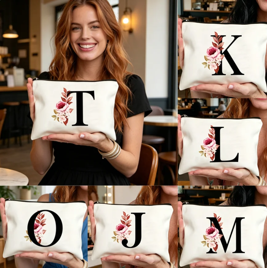 1pc Stylish Letter And Flower Pattern Carry-On Zipper Bag, Versatile Makeup Bag, Lightweight Women'S Cosmetic Bag A-Z