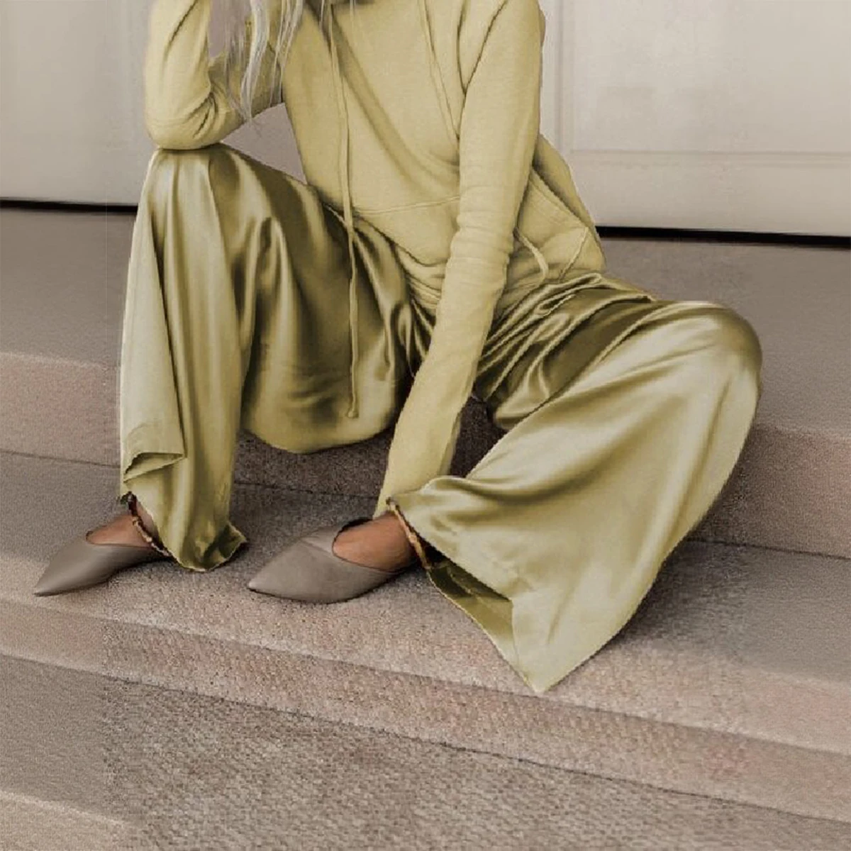 Lemongor Spring Autumn Drawstring Solid Color Long Sleeves Hooded Tops & High Waisted Wide Leg Pants Two Pieces Set For Women