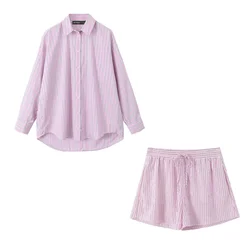 PB&ZA2024 Autumn New Women's Fashion Style Slimming Casual LooseVersatile Striped Poplin Shirt High Waist Shorts Set