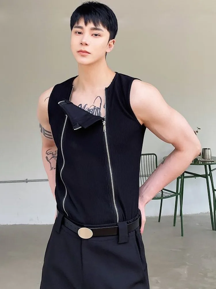 Men Clothing 2024 Summer Double Zipper Design Solid Color Vests Personality Vest Niche Sleeveless Tank Top For Male