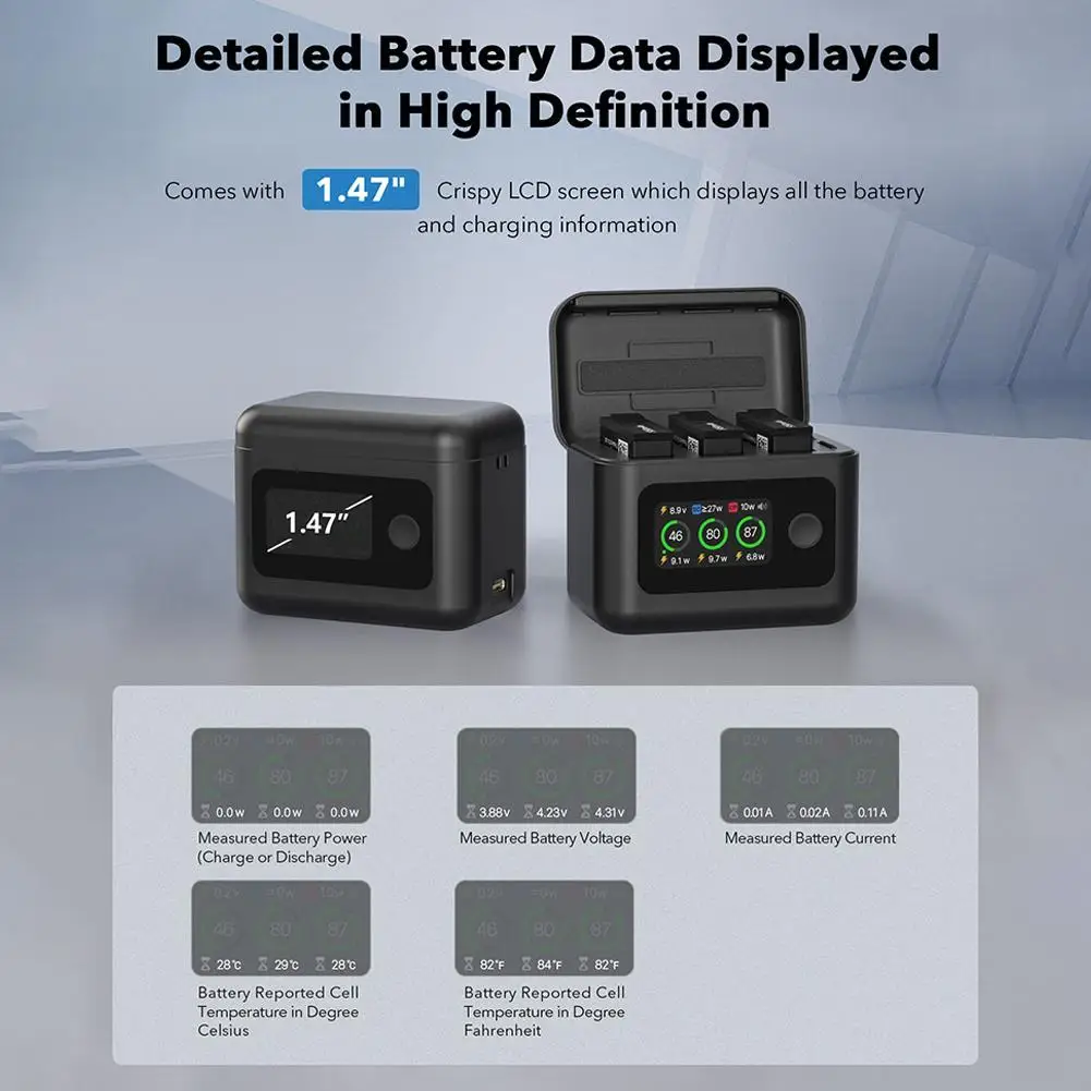 شاحن بطارية محمول 2 فتحة شحن سريع لـ SYMIK Dji OSMO 360/Action5Pro صندوق تخزين الشاشة الملونة لـ Insta360 X5