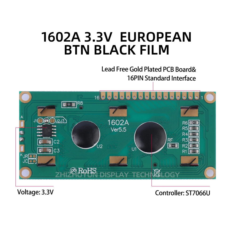 1602a 3,3 v europäisches zeichen lcd modul monochrom btn schwarzer film weißer zeichen controller st7066u 16*2 monochrom