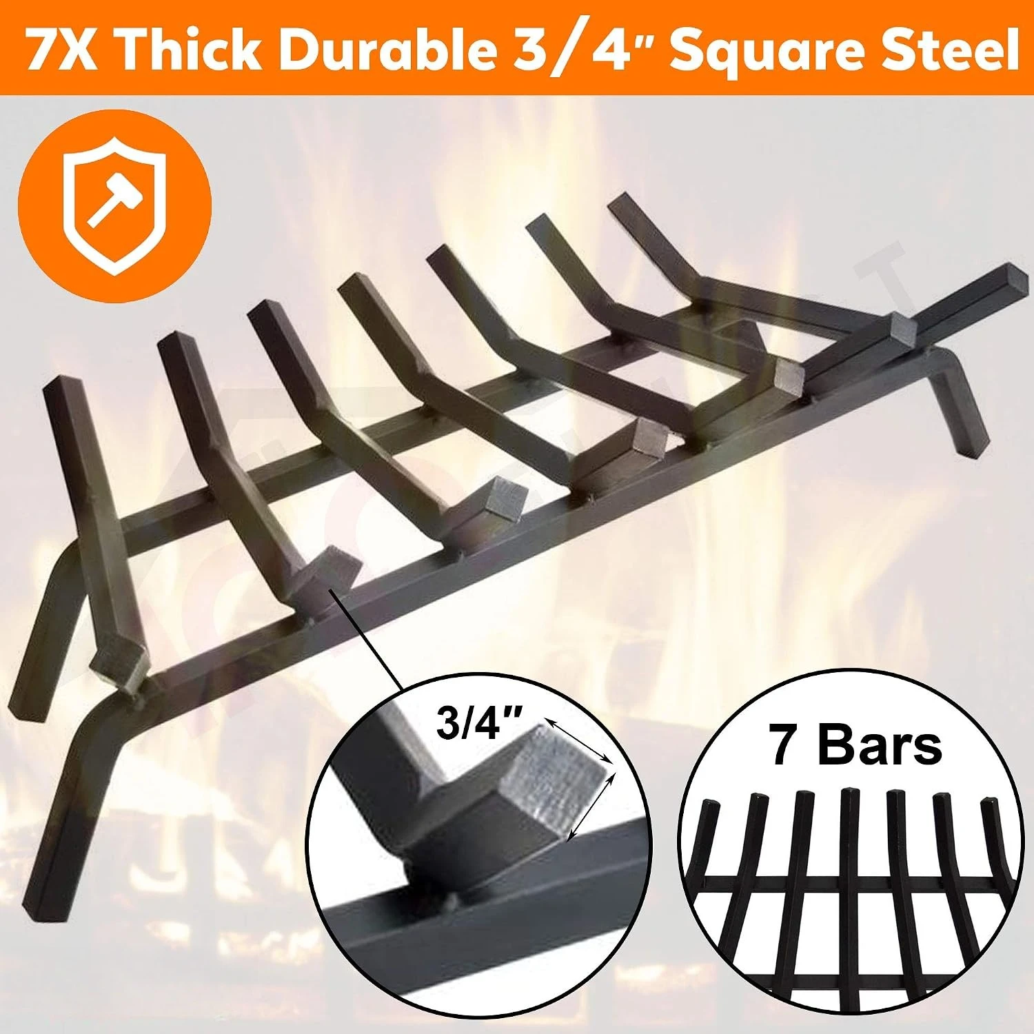30 Inch 7-Bar Heavy-Duty Solid Steel Fireplace Log Grate, 3/4