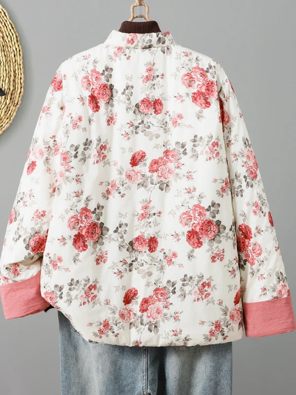 Frauen Thiened Warm Lose Große Größe Baumwolle Jaet Herbst Winter Neue Sle Retro Druck Lange Sve Stehkragen Einzigen taste