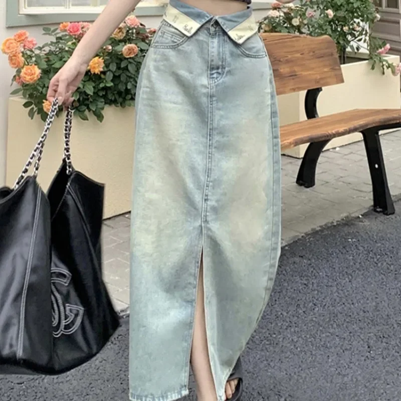 

Chic Skirts for Women Denim Summer High Waist Niche Design All-match Slit Fashion Girls Young Streetwear Washed Casual Ins New