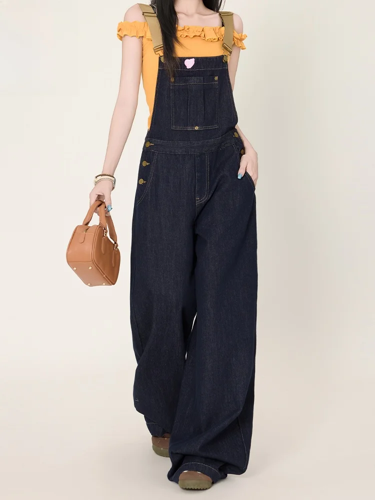 

Deep Blue Straight Leg Overalls Women's Spring Casual High Waist Wide Leg Denim Pants Lazy Sle Faion I.t Brand