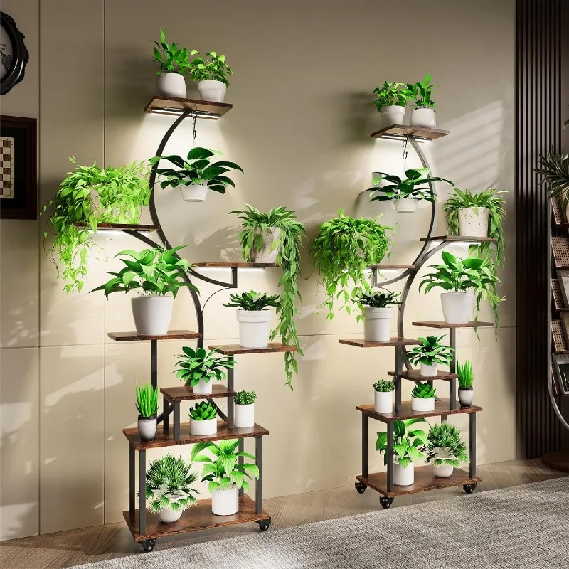 حامل نباتي داخلي مع أضواء للنمو، حامل نباتات داخلي بعجلات، رف نباتي 8 طبقات داخلي، حامل نباتات طويل القامة داخلي قطعتان #3