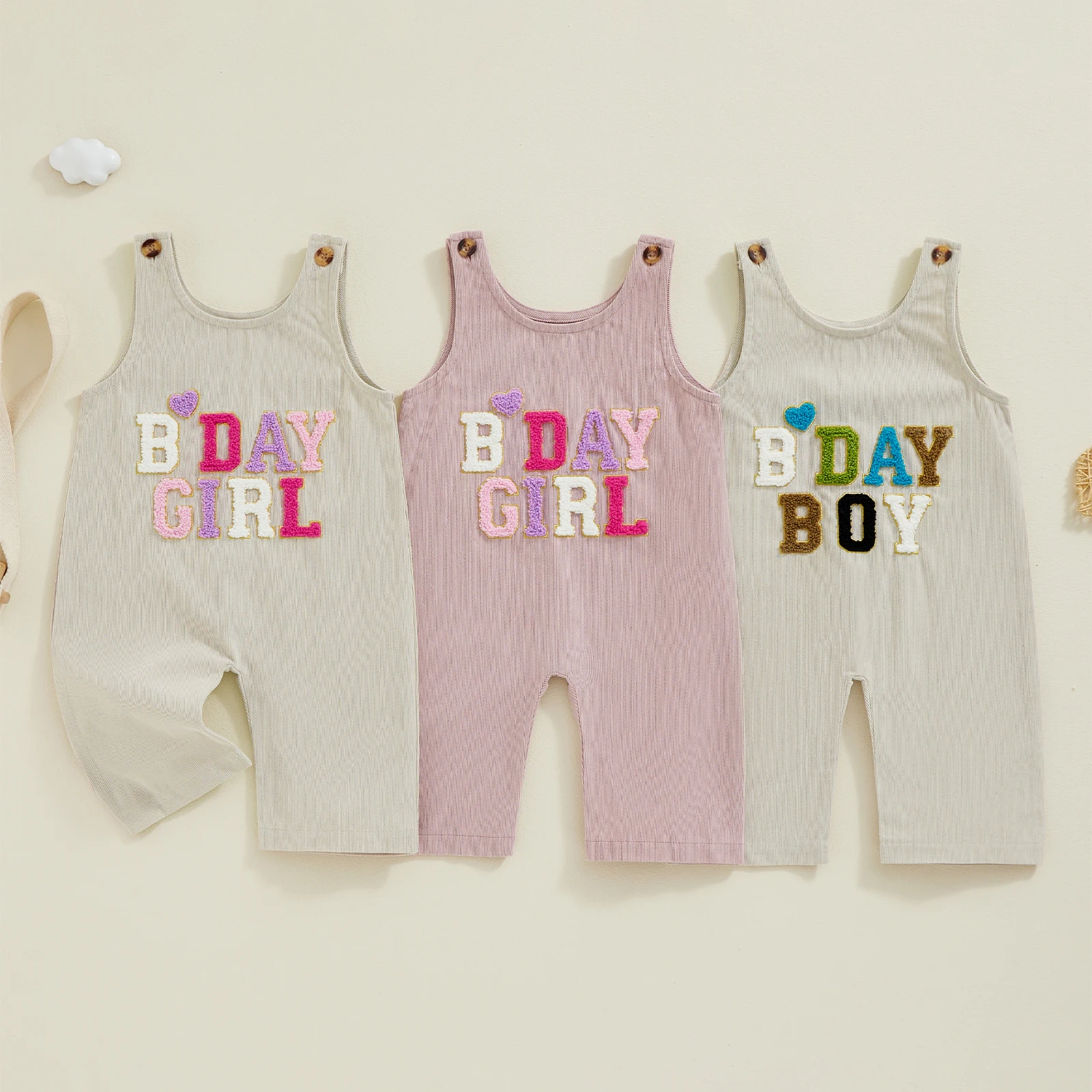 Girls Boys Birthday Jumpsuit Sleeveless Crewneck Letter Embroidery Casual Playsuit