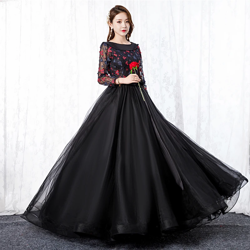 Vestidos De Quinceañera De manga larga De ilusión, vestido De baile De encaje con flores y cuello redondo, clásico, negro, largo hasta el suelo, 15 con cinturón