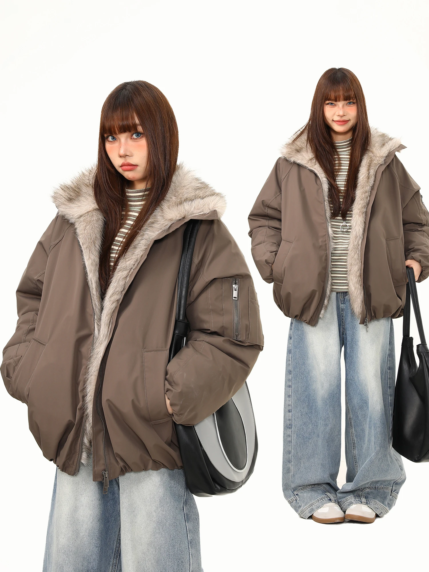 

Женская зимняя парка Wild American Street из утолщенного хлопка со свободным кроем, теплым меховым воротником и длинной молнией