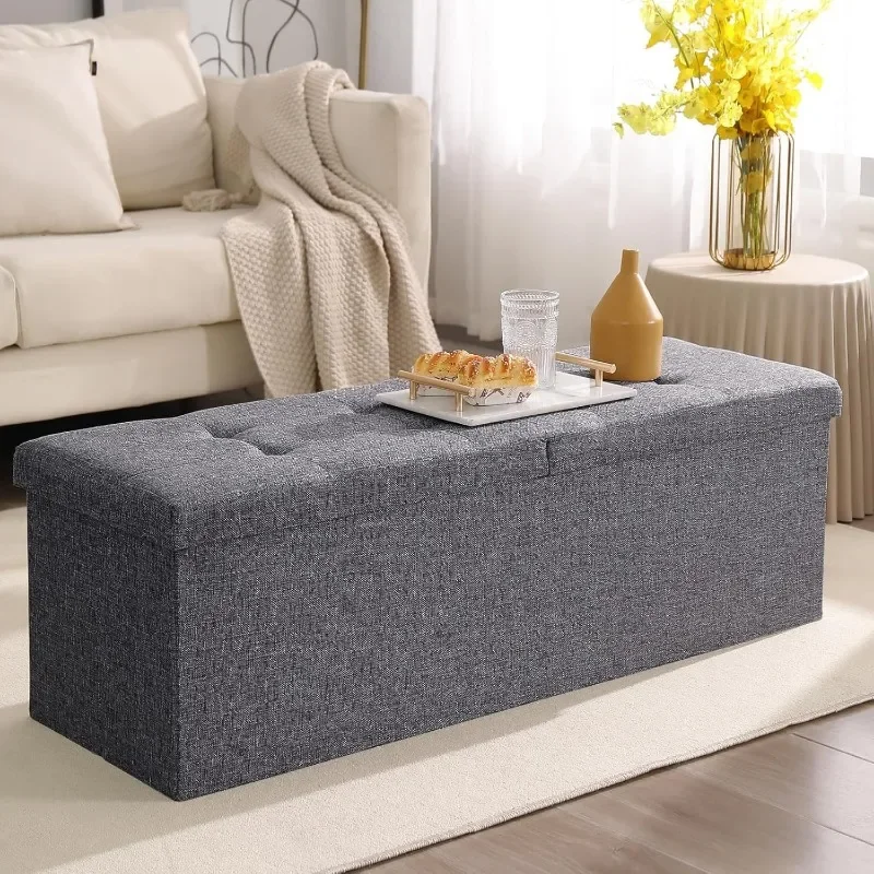 45.3 Inches Storage  Bench Foldable Seat Footrest Shoe End of Bed with Flipping Lid, 166L Space, Linen Fabric