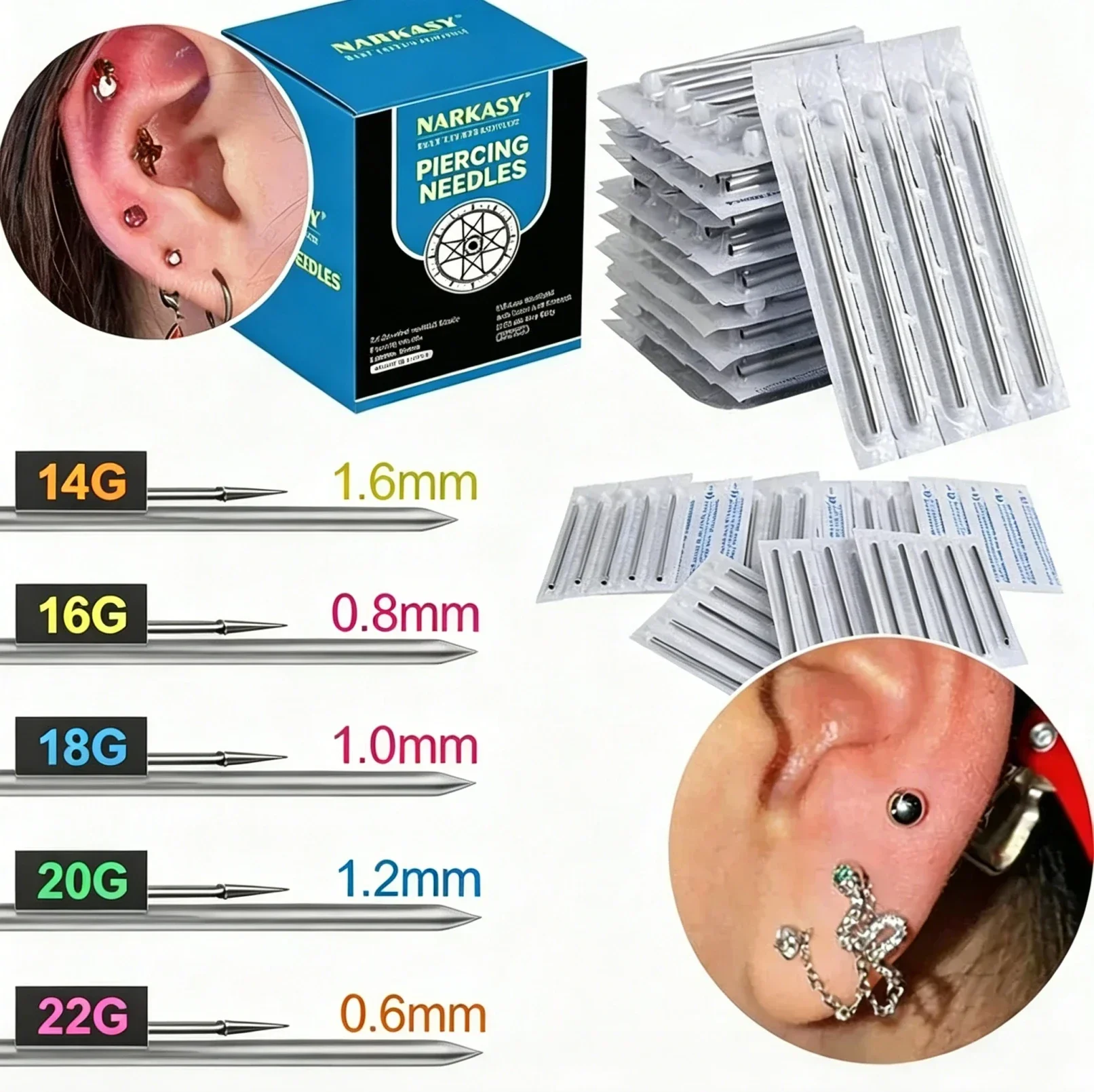 

NARKASY Sterile Disposable Piercing Needles Stainless Steel | Body Piercing Accessories for Ear Nose Lip Navel, 20/50/100/200PCS