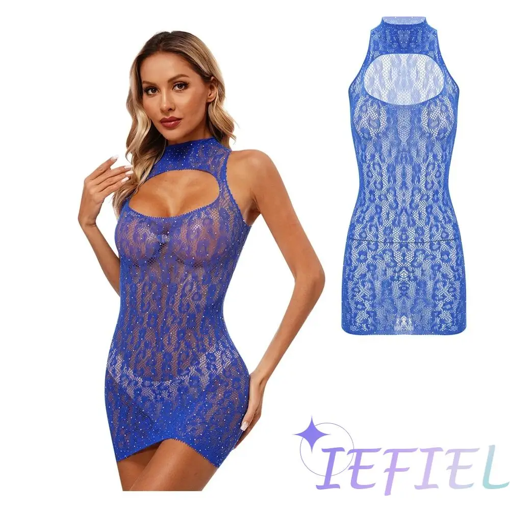 

Womens Hip Wrap Mini Dress Clubwear Hollow Out Fishnet Lingerie See Through Swimwear Cover Up Lace Dress Dancing Party Wear