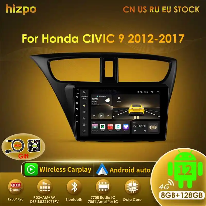 

Hizpo Smart Car System Radio For Honda Civic 9 2012 - 2017 Multimedia GPS 2din Autoradio AI Voice Wireless Carplay Android Auto