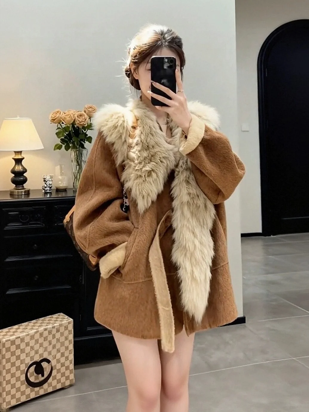 

Thiened Woolen Coat Women's Winter Faion High-End Sensation Warm Large Size Coat with Big Fur Collar Vintage Sle Commute