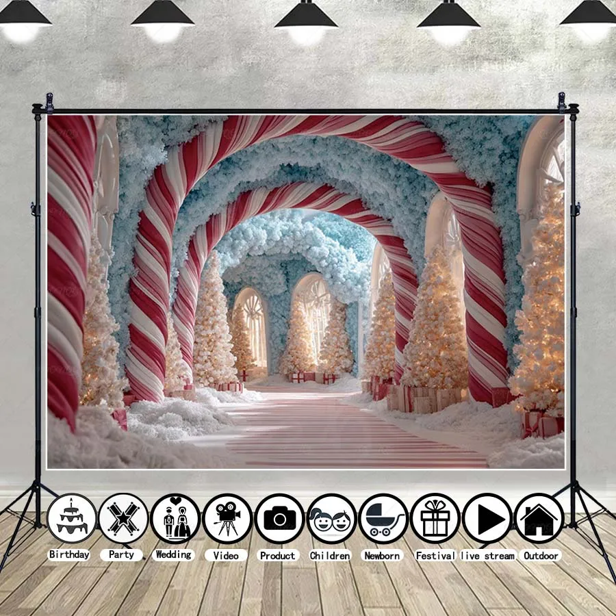 

MOON.QG Arch Candy Cane Photographic Background Christmas Gifts Xmas Trees Backdrop Accessories Party Birthday Children Studio