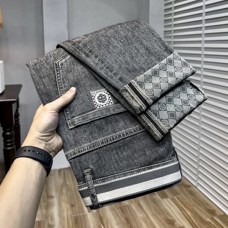 2024 spring and summer light luxury high-end new MEN'S jeans fashion straight slim tide printed leisure cotton denim pants