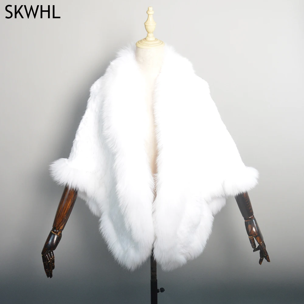 

Women 100% Real Rabbit Fur Shawl Scarf With Fox Fur Collar Winter Warm Knitted Rabbit Fur Poncho Girls Party Fashion Accessories