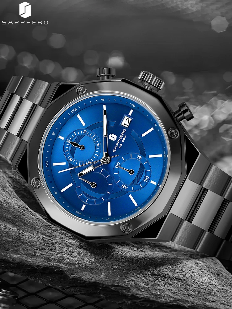 Sapphero 2024 estilo de luxo relógio masculino aço inoxidável 50m à prova dwaterproof água relógio movimento quartzo casual negócios para homem relógio