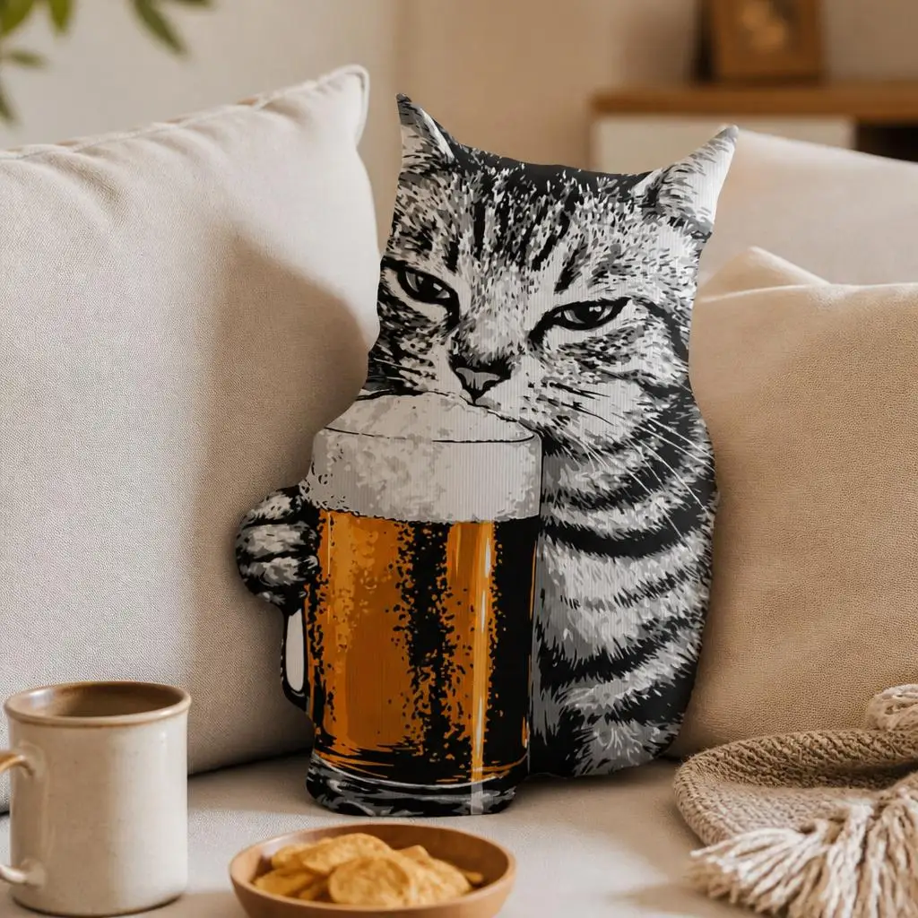 Funny Cat Holding Beer Y2K Meme Plush Pillow Cushion Irregular Stuffed Throw Pillows for Home Decor Gift Sofa Couch Bed
