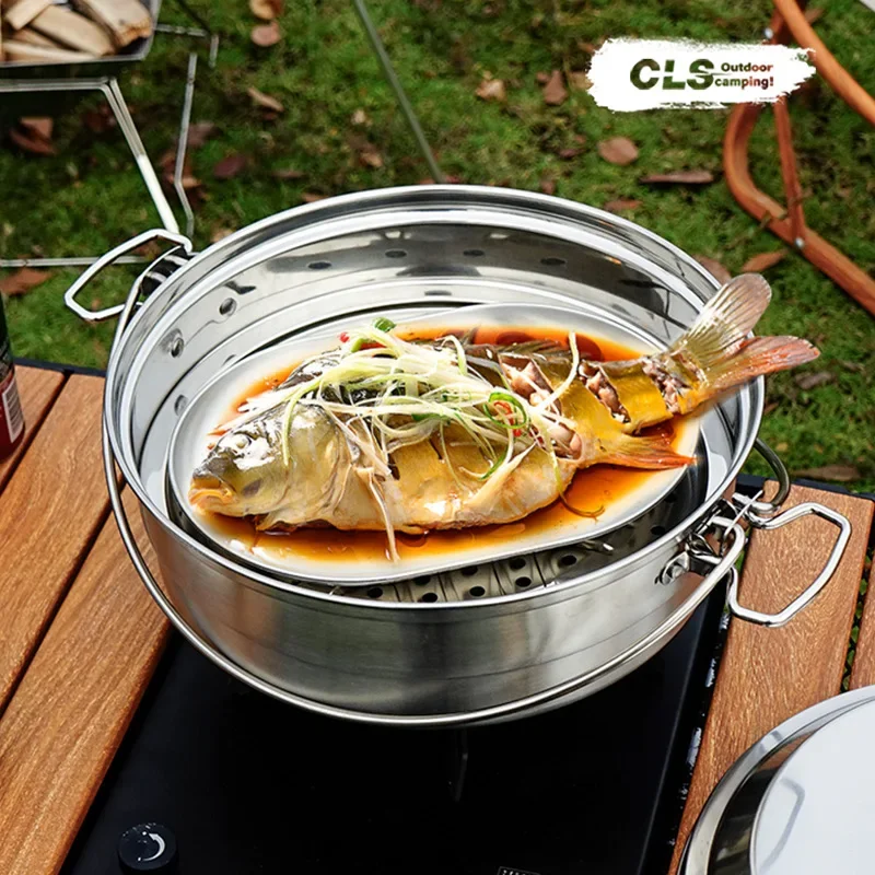 CLS Outdoor Steamer 304 Stainless Steel 2.5L/4.3L Large Pot Portable Steamed Rice Noodle Soup Pot Household Steamer Hanging Pot