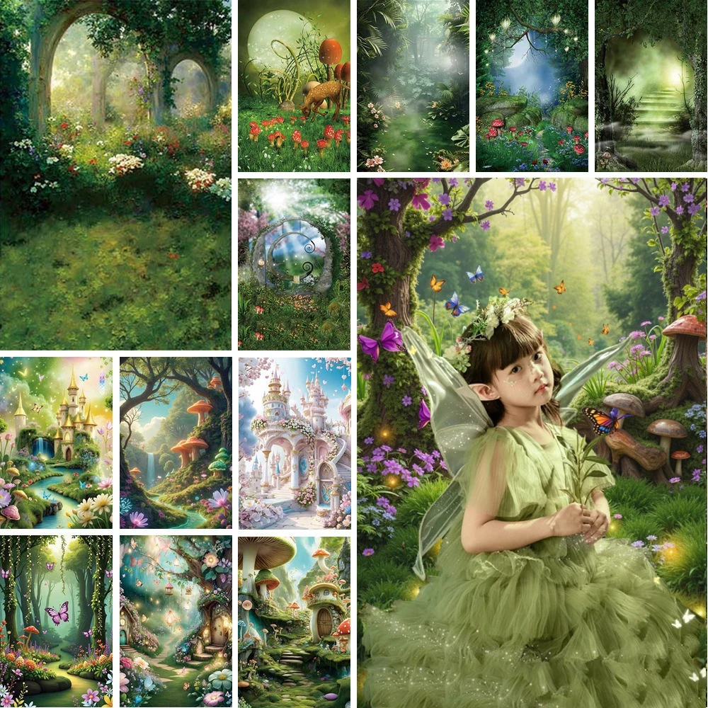 

MOON.QG Fairy Enchanted Forest Castle Wonderland Photography Backdrop Mushroom Flower Background Kids Birthday Party Decorations