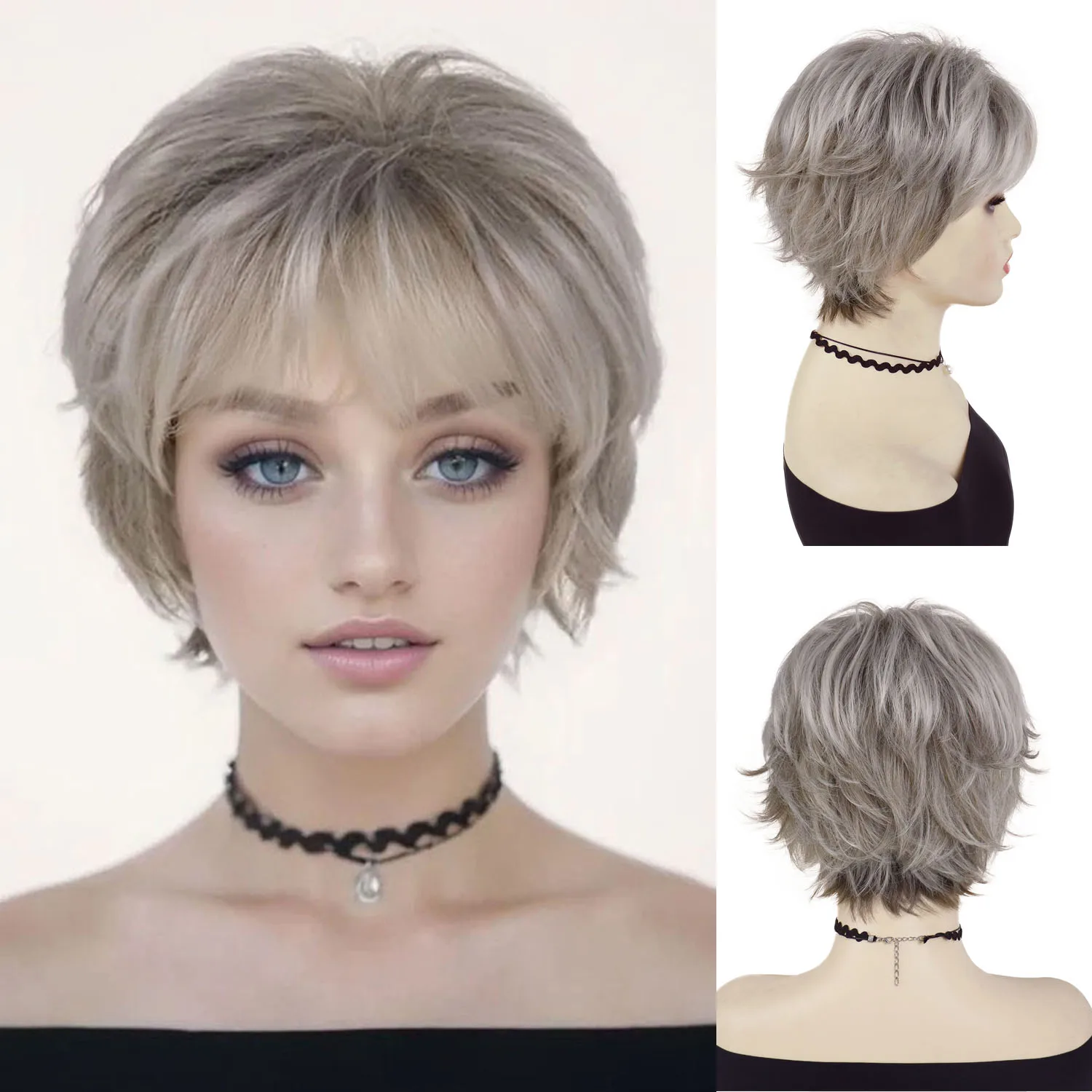

Synthetic Short Curly Wig for Women Ash Blonde Pixie Cut Wigs with Bangs Female Hairstyles Casual Style Mommy Wig Daily Costume