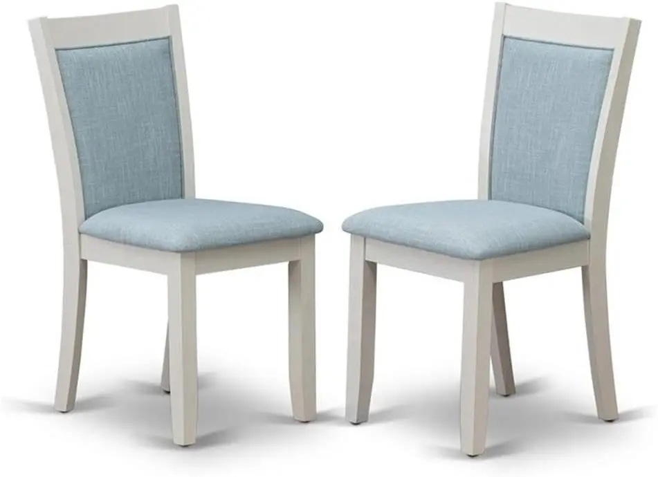 

East West Furniture MZC0T15 Обеденные стулья Monza Parsons — голубые стулья с мягкой подкладкой из льняной ткани, набор из 2 шт., белый цвет из проволочной щетки