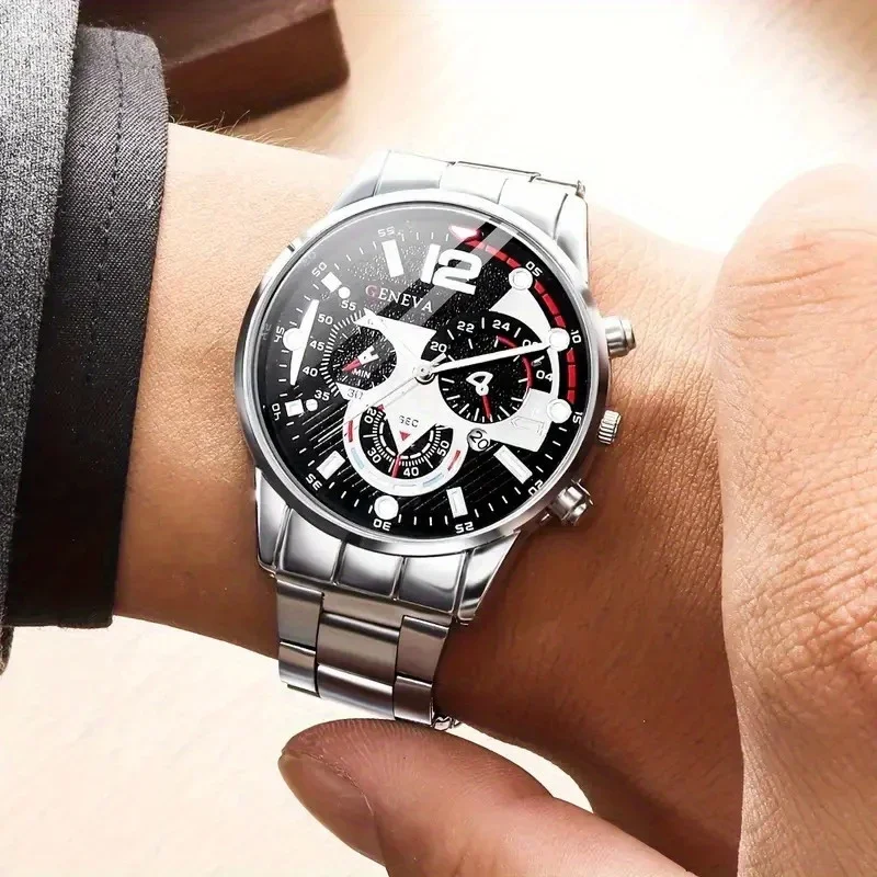 5 unids/set de reloj de moda para hombre, reloj de pulsera de cuarzo, collar de cadena cubana de Hip Hop, pulsera y anillo, accesorios de estilo empresarial