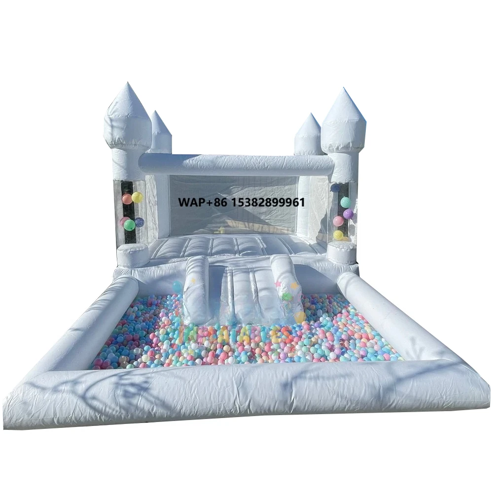 

New Design 5.5x3m White Inflatable Castle with Mini Slide Ball Pit & Floating Balloons Bouncy Bubble House