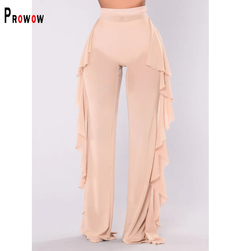 

Prowow Women Pant Sexy Summer See Through Mesh Trousers for Lady 2022 New High Waisted Ruffle Female Beach Bottom Outfits