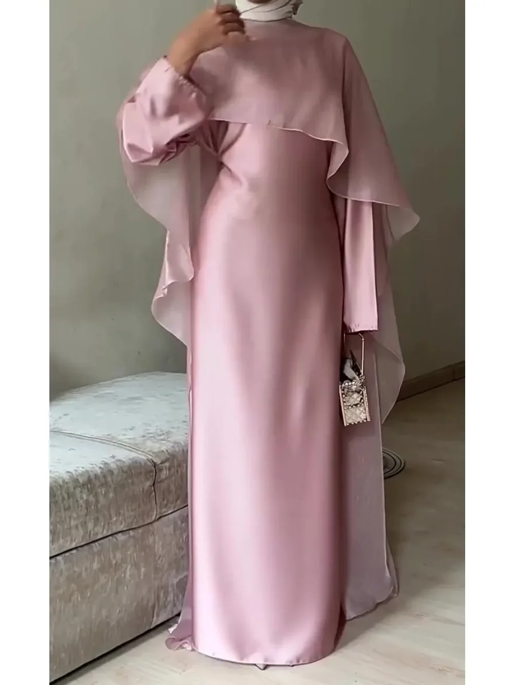 Women Dress Cape Silky Pink Party Dresses Abaya Muslim Jalabiya Ramadan Vestidos Largos Islam Arab Long Robe Dubai 2026 Eid