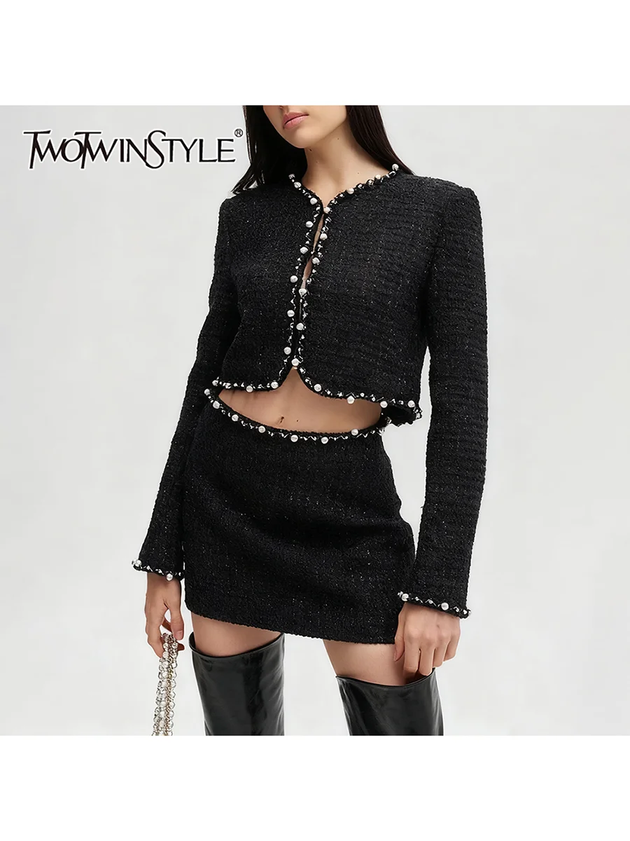 

TWOTWINSTYL Solid Spliced Bead Three Piece Sets for Women O Neck Long Sleeves Coat Strapless Vest Mini Skirt Elegant Set Female